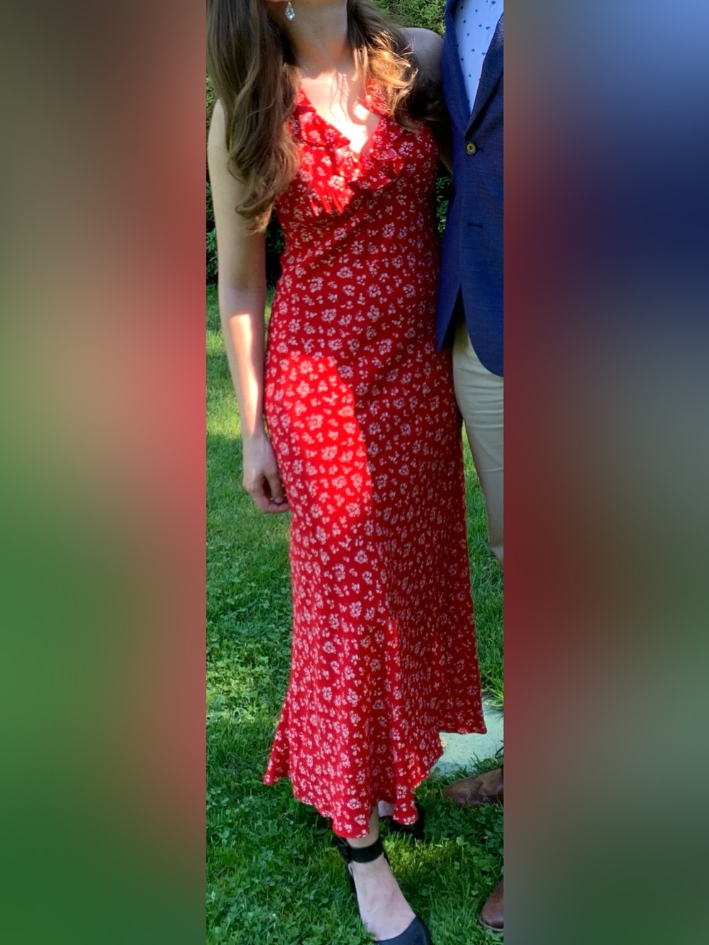 Red floral maxi dress with ruffle neckline